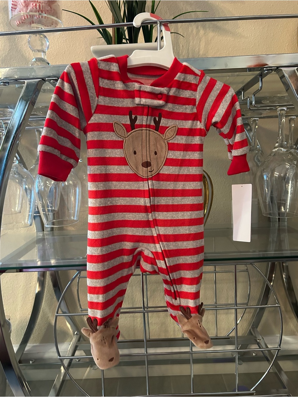 Carter's Red & Gray Striped Reindeer Footed One-Piece
